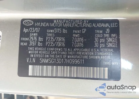 2007 Hyundai Santa Fe Gls z USA, uszkodzony, nr VIN 5NMSG13D17H099611